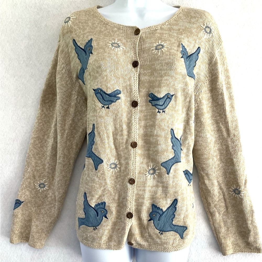 Vtg Grandmacore Christopher & Banks Embroidered Blue Bird Sweater M Cottagecore